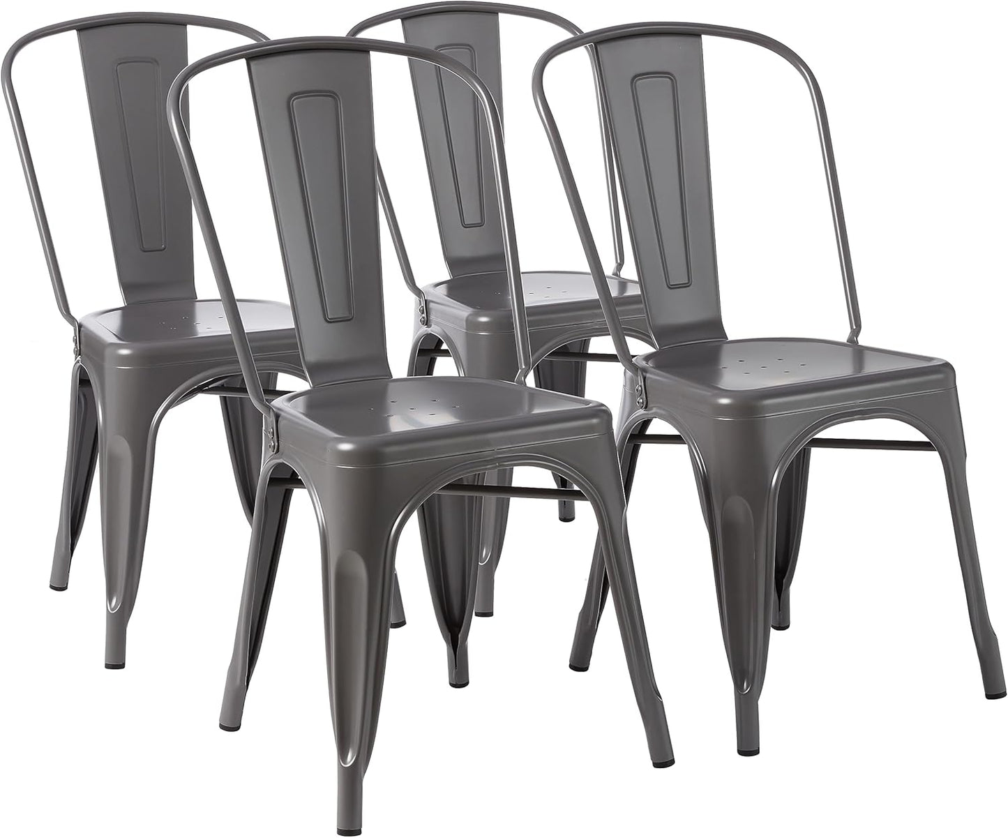Amazon Basics confezione da 4 sedie da pranzo in metallo con schienale, impilabili, per bistrò, cucina, interni ed esterni, Grigio Scuro, 51 x 43 x 85 cm