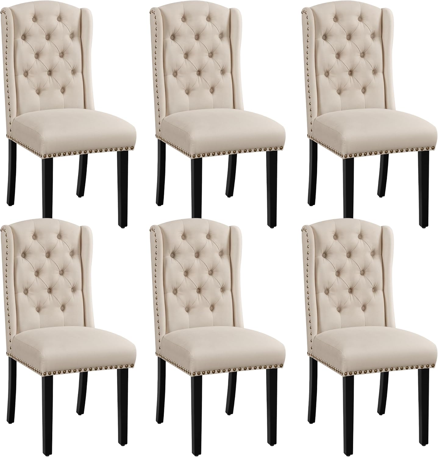Set 6 Sedie Sala da Pranzo Tessuto Imbottite Eleganti Gambe in Legno Massello Schienale Alto con Bottoni Portata 140 KG Beige