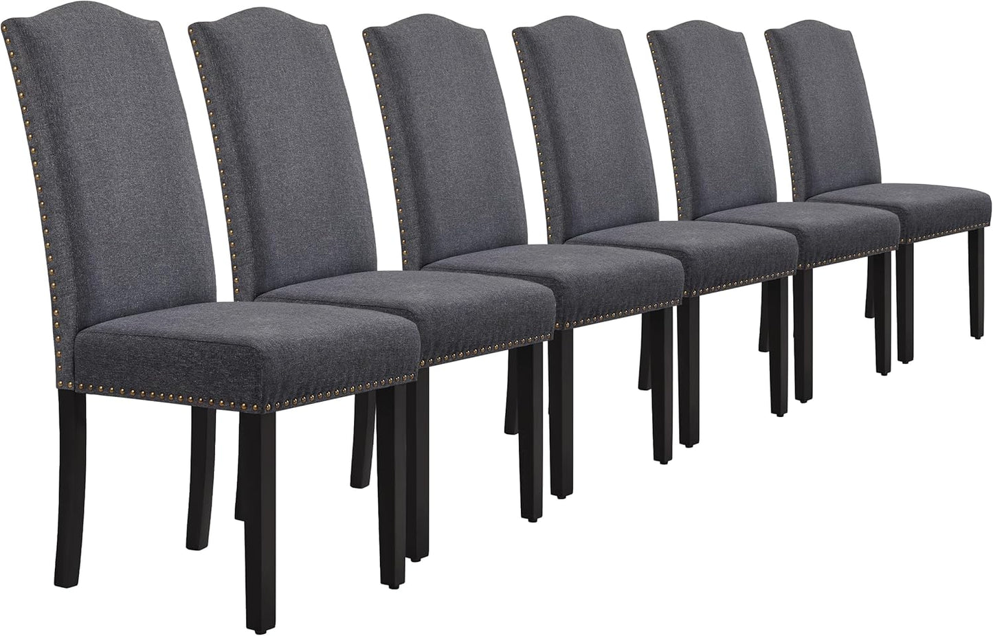 Set Sedie Sala da Pranzo Imbottite Moderne in Tessuto Eleganti Gambe in Legno Massello Schienale Alto con Bottoni Imbottiti Portata 136 kg 6 Pezzi/Grigio Scuro