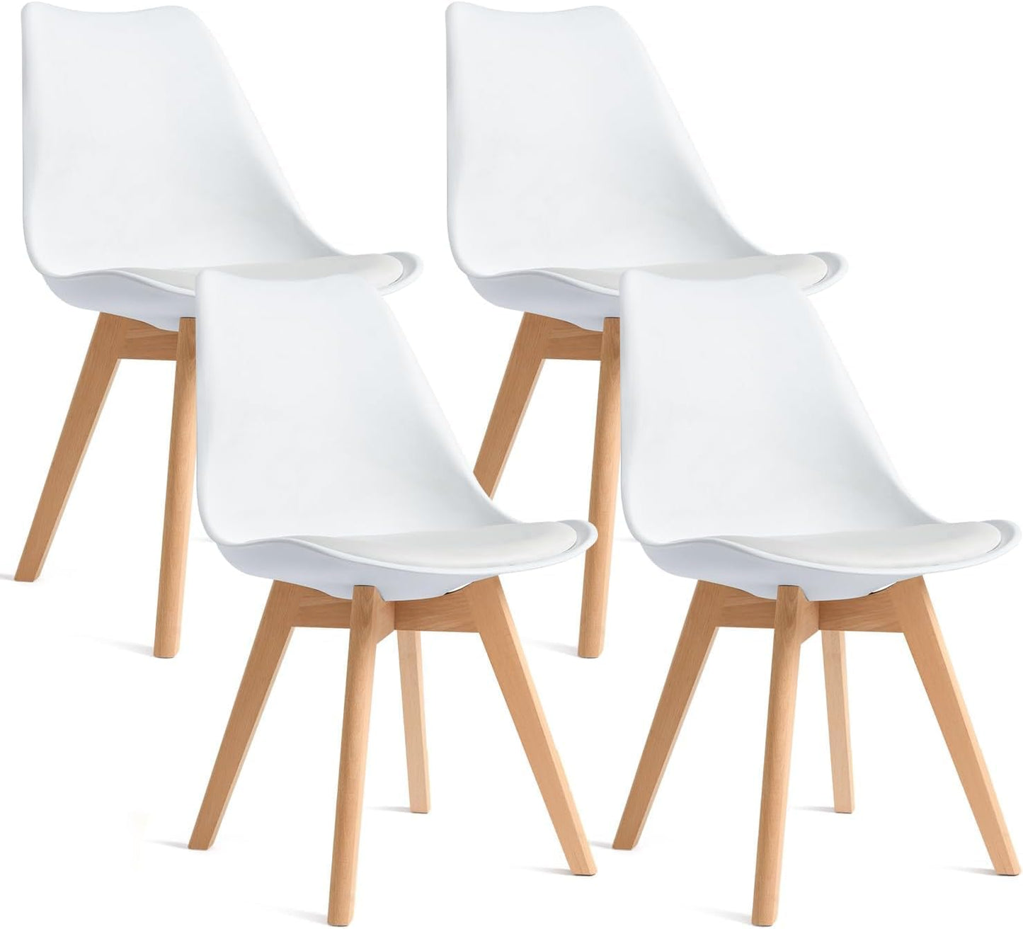 CangLong Set di 4 Sedie da Ufficio con Gambe in Legno Massiccio di Faggio, Sedie Imbottite dal Design Retrò del Mid Century per la Cucina, la sala da Pranzo e il Soggiorno, Bianco