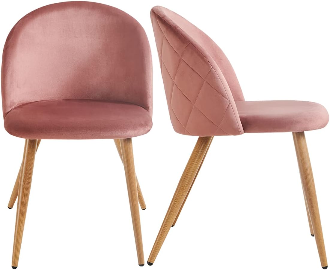 FurnitureR Set di 2 morbidi e confortevoli, in velluto rosa con gambe in metallo, sedia da soggiorno in conchiglia, per cucina, sala da pranzo, 56 x 49 x 77 cm
