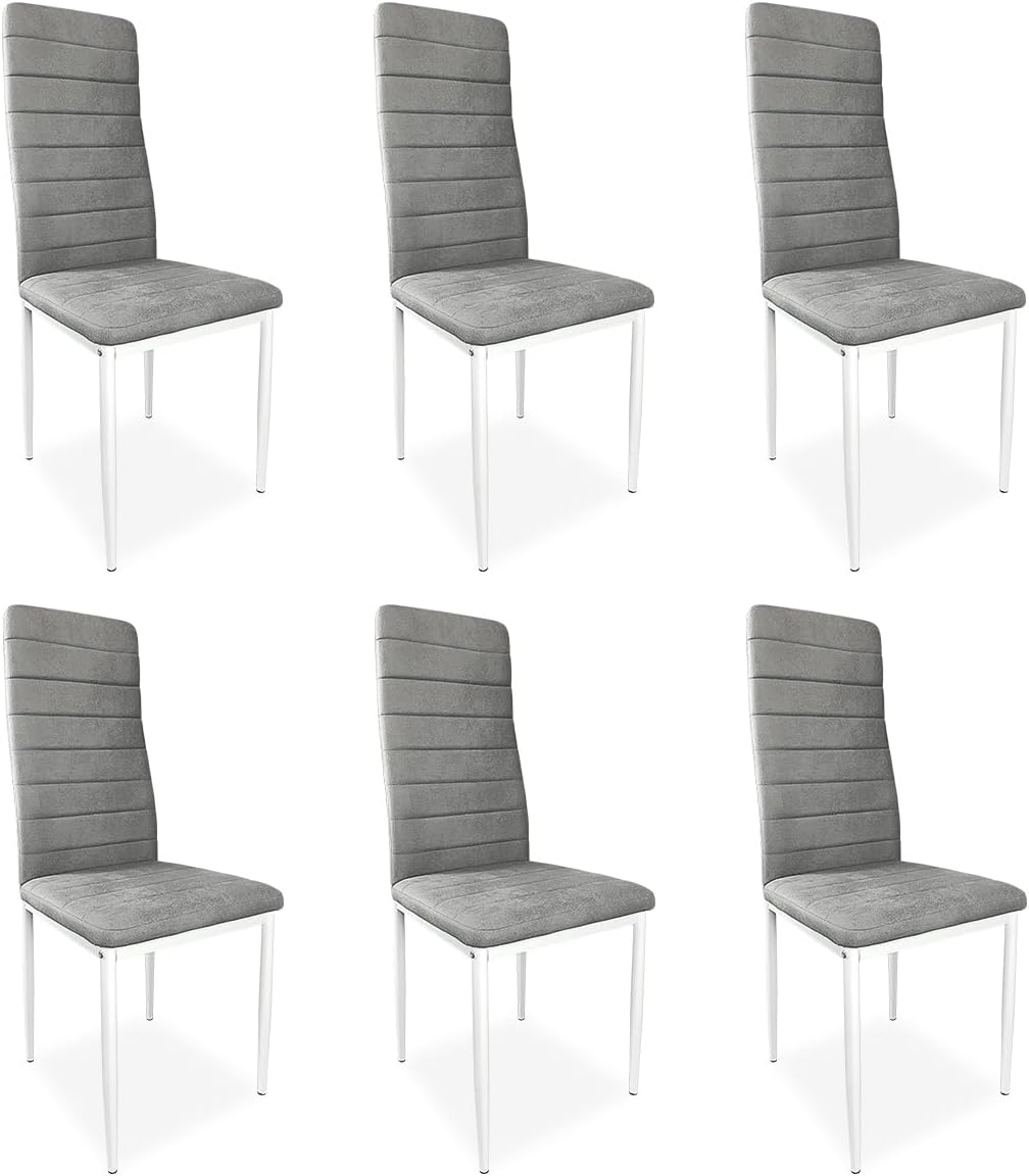 Homey Confezione da 6 sedie tappezzate per soggiorno, sala da pranzo. Finitura in Marengo e gambe bianche. Modello Yrsa, Alluminio, 40 cm (larghezza) x 42 cm (profondità) x 96 cm (altezza)