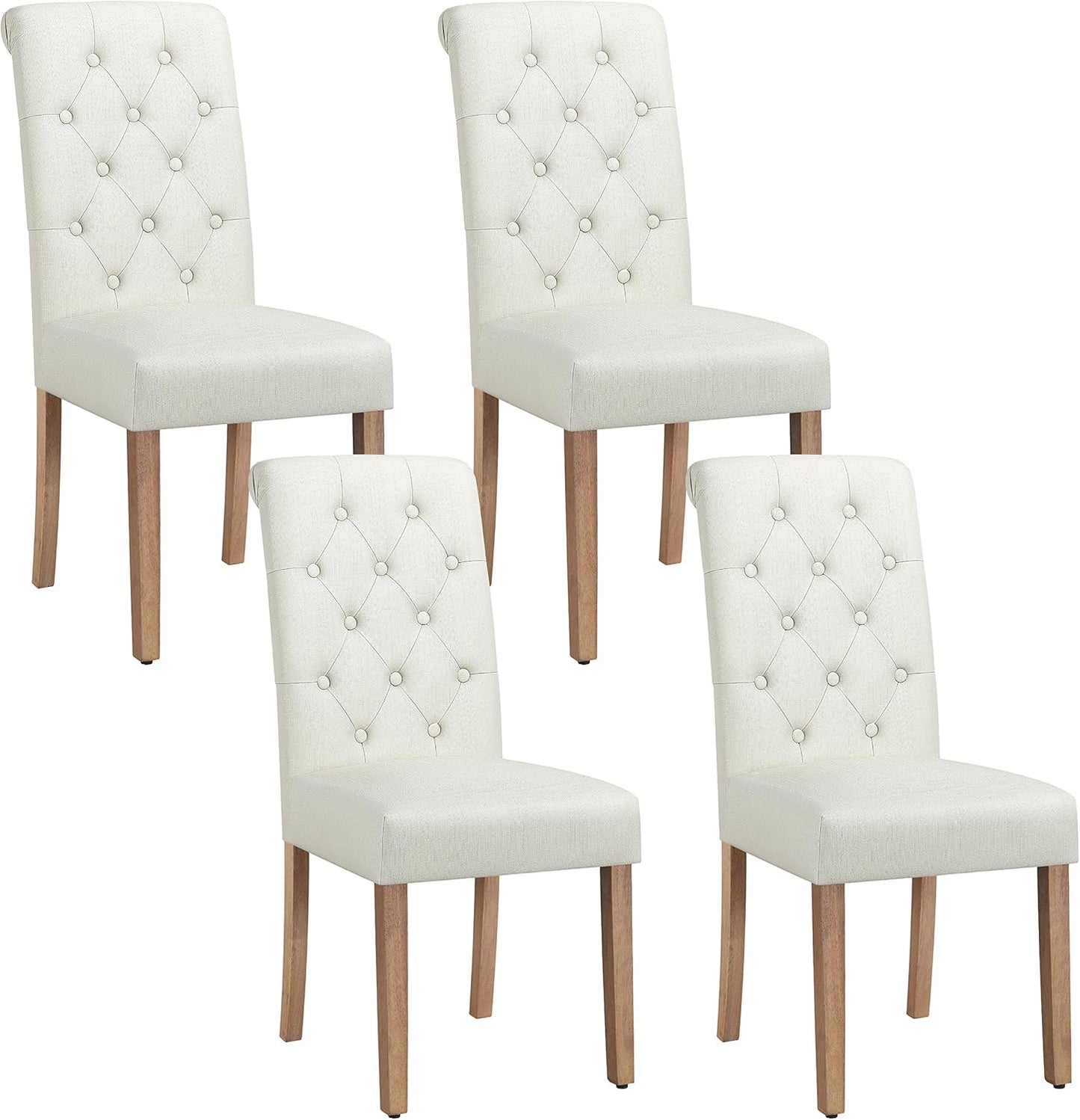 Set 4 Sedie Imbottite Sala da Pranzo con Schienale Alto Sedia da Cucina Gambe in Legno Sedie Eleganti Massello con Bottoni per Soggiorno Camera da Letto Beige/Tessuto