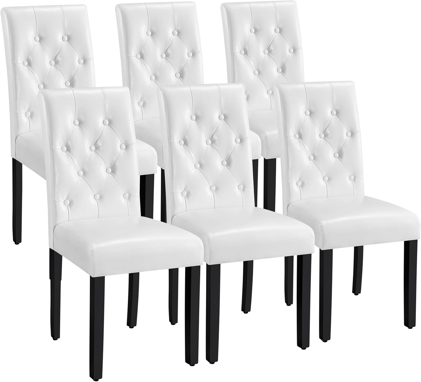 Set 6 Sedie Sala da Pranzo Bianche Moderne Imbottite in Ecopelle con Schienale Alto con Bottoni Imbottiti Gambe in Legno Massello Portata 135 kg