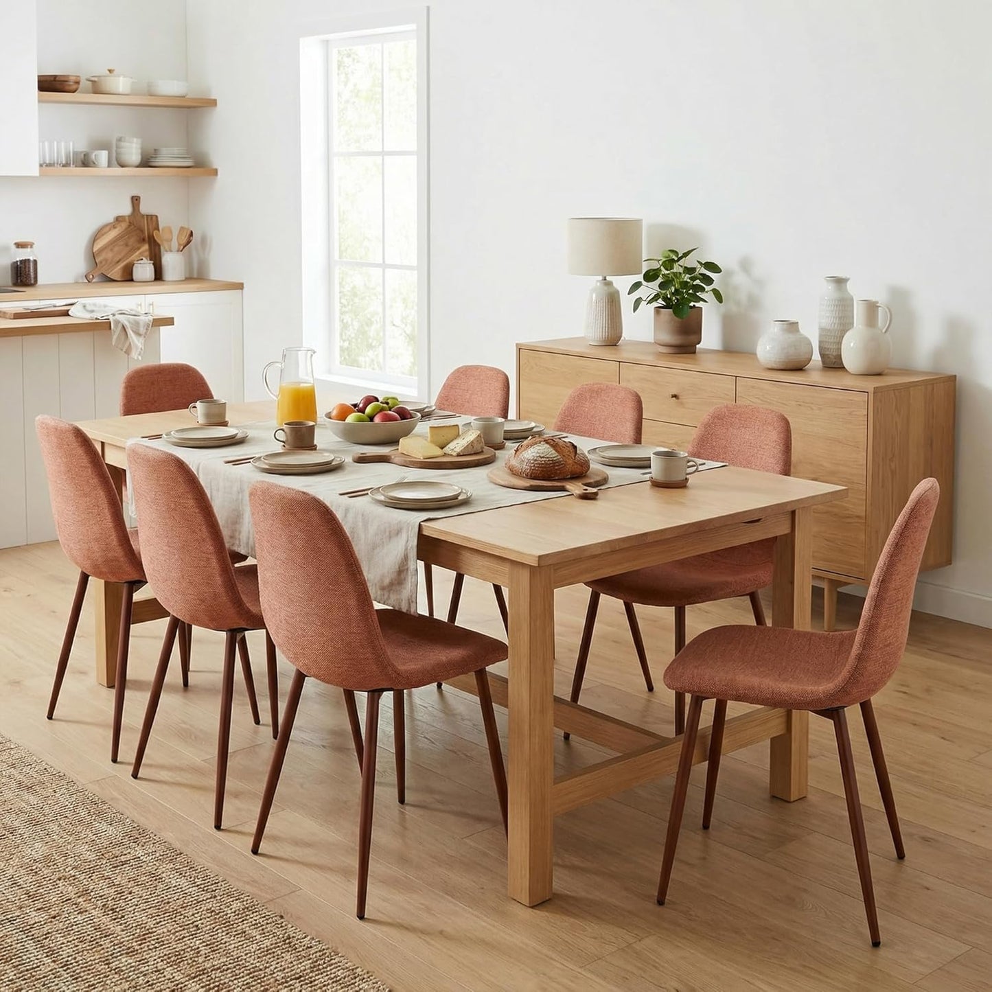 Set di 8 Sedie da Pranzo Scandinavo Imbottito Senza Braccioli con Schienale, in Tessuto, per Cucina Sala Soggiorno, fino a 120 kg, Rosso