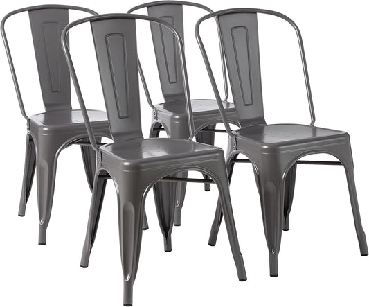 Amazon Basics confezione da 4 sedie da pranzo in metallo con schienale, impilabili, per bistr¨°, cucina, interni ed esterni, Grigio Scuro, 51 x 43 x 85 cm