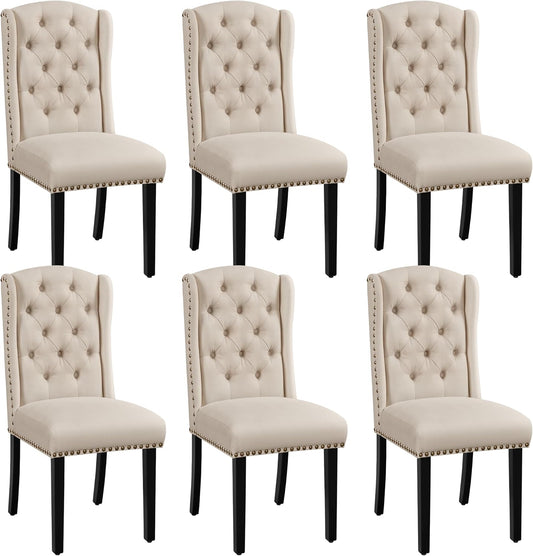 Set 6 Sedie Sala da Pranzo Tessuto Imbottite Eleganti Gambe in Legno Massello Schienale Alto con Bottoni Portata 140 KG Beige