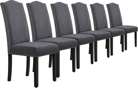 Set Sedie Sala da Pranzo Imbottite Moderne in Tessuto Eleganti Gambe in Legno Massello Schienale Alto con Bottoni Imbottiti Portata 136 kg 6 Pezzi/Grigio Scuro