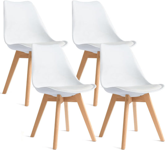 CangLong Set di 4 Sedie da Ufficio con Gambe in Legno Massiccio di Faggio, Sedie Imbottite dal Design Retrò del Mid Century per la Cucina, la sala da Pranzo e il Soggiorno, Bianco