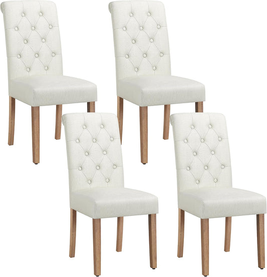 Set 4 Sedie Imbottite Sala da Pranzo con Schienale Alto Sedia da Cucina Gambe in Legno Sedie Eleganti Massello con Bottoni per Soggiorno Camera da Letto Beige/Tessuto