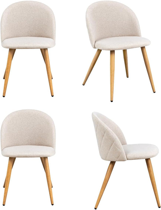 FurnitureR Set di 4 sedie per sala da pranzo, design moderno a forma di conchiglia, morbido tessuto beige con piedini in metallo, elegante seduta per cucina, tessuto, 46 x 49 x 77 cm
